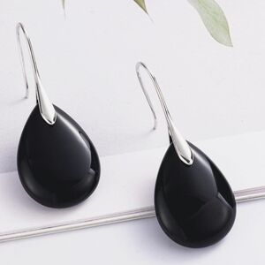 Polished Black Agate Teardrop Dangle Earrings